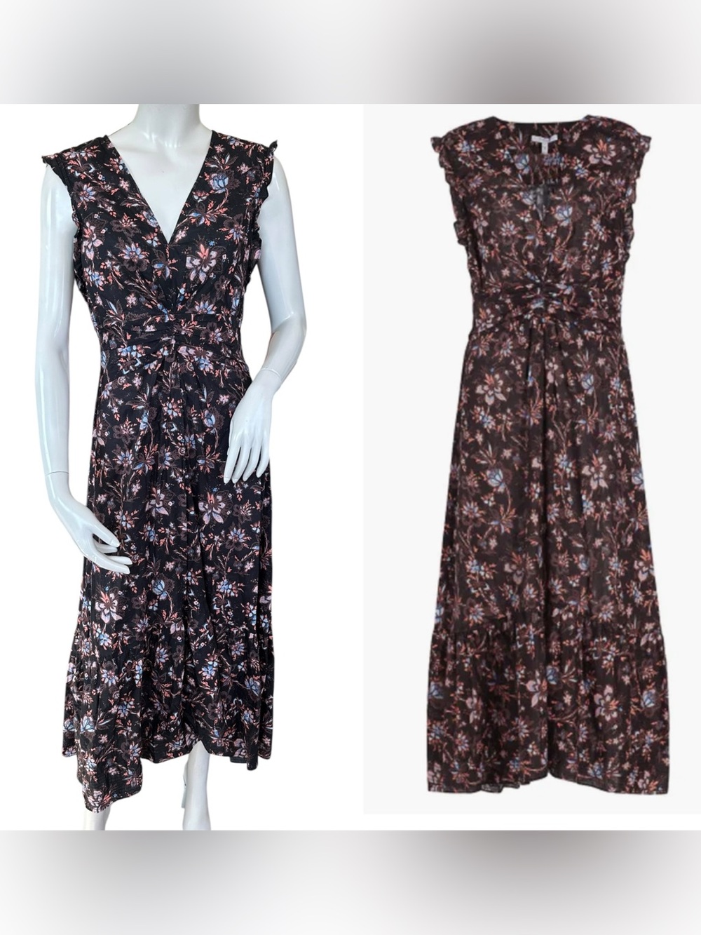 Derek Lam 10 Crosby Black Brown Boho Floral Drapey Flowy Sleeveless MIDI Dress 4